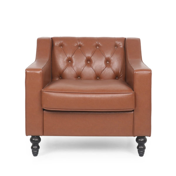English Elm Christopher Knight Home® - CLUB CHAIR with Button Tufted Diamond Stitching, Sloped Arms & Birch Wood Legs for Modern Comfort Light Brown 30.5 L x 25.75 W x 21.25 H 71214.00COGN