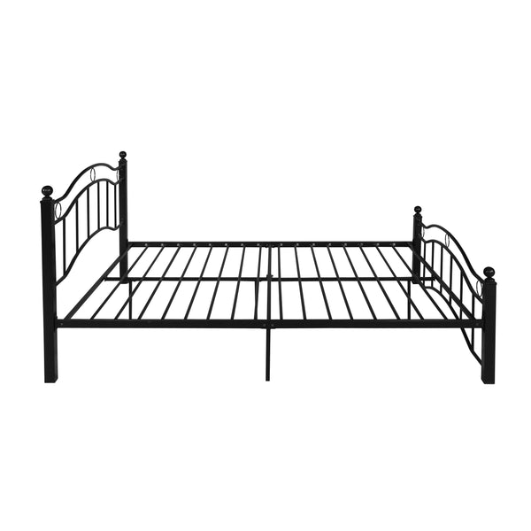 English Elm Queen Iron Platform Bed Camelback Headboard Geometric Finial Posts Victorian Loft Style Black 63298.00FBLK-Q