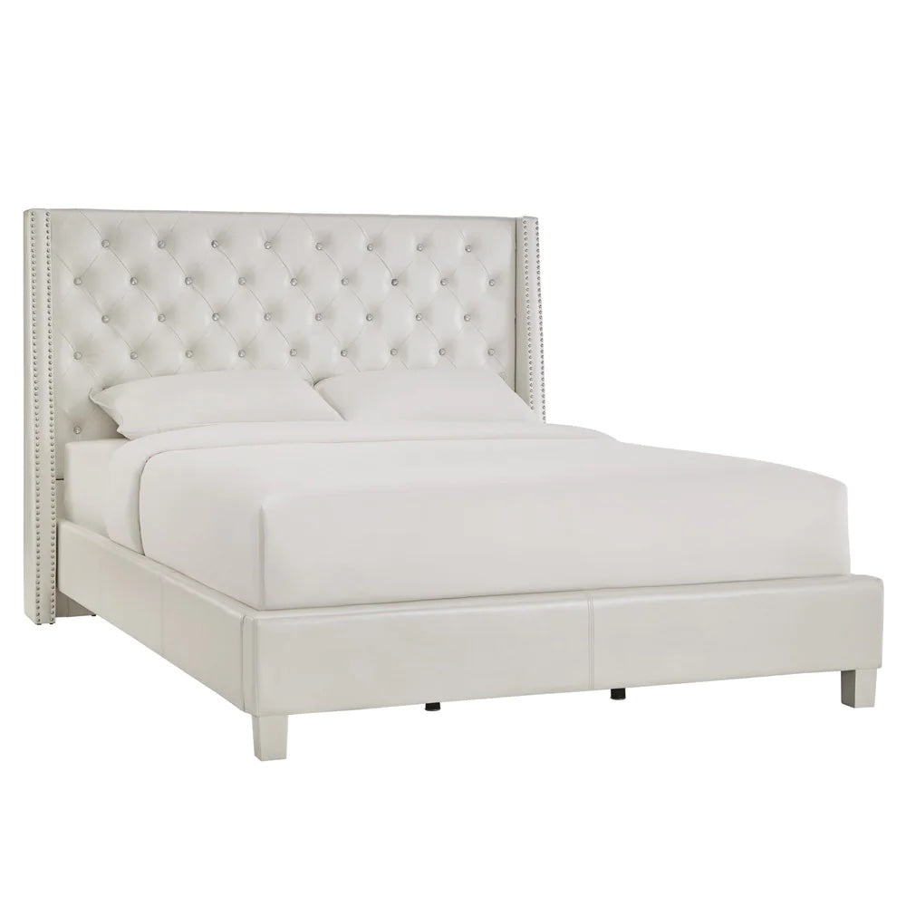 Homelegance By Top-Line Vaughn Faux Leather Crystal Tufted Bed Ivory White Faux Leather