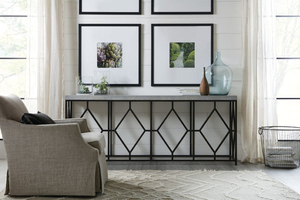 Hooker Furniture Ciao Sculptural Metal Console Table With Aged Steel Diamond Base And Faux Concrete Top, Slim Profile 80" Wide 5805-85002-00