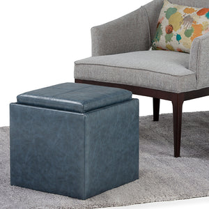 English Elm Rockwood Cube Storage Ottoman with Tray — Denim Vegan Faux Leather, Flip-Top Serving Tray & Hidden Storage Blue B136P158201