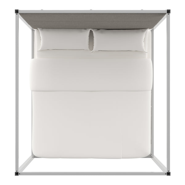 Homelegance By Top-Line Marcel Chrome Finish Metal Canopy Bed with Linen Panel Headboard Chrome Metal