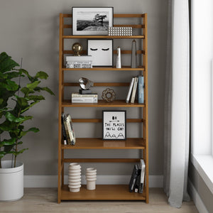 English Elm Acadian Ladder Shelf Bookcase - Handcrafted Solid Wood With 5 Wide Shelves In Light Golden Brown Finish B136P158276