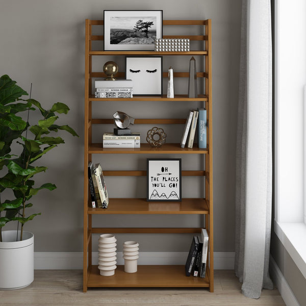 English Elm Acadian Ladder Shelf Bookcase - Handcrafted Solid Wood With 5 Wide Shelves In Light Golden Brown Finish B136P158276