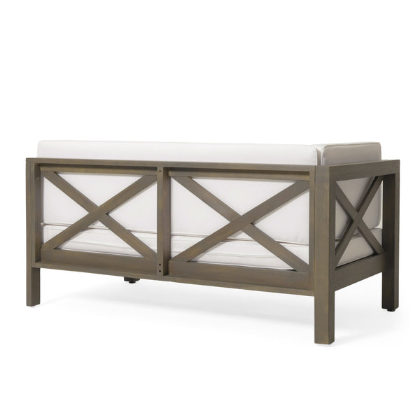 English Elm Brava Acacia Corner Bench Set with Coffee Table Outdoor Cross-back Slatted Design 57967.00WHI-64496.00GRY