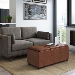 English Elm Avalon Storage Ottoman - Distressed Saddle Brown Vegan Leather With Hidden Storage & Serving Trays B136P158256