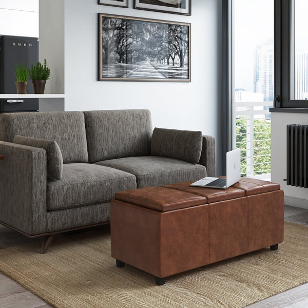 English Elm Avalon Storage Ottoman - Distressed Saddle Brown Vegan Leather With Hidden Storage & Serving Trays B136P158256