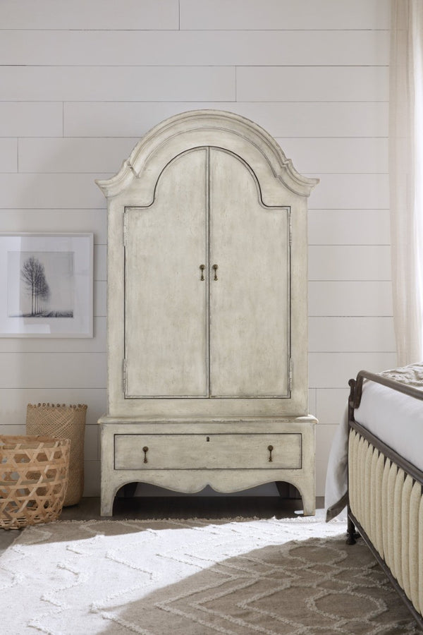 Hooker Furniture Ciao Distressed Cream Wardrobe With Adjustable Shelves, Hanging Rod & Drawer — Cottage Chic Storage 5805-90013-94