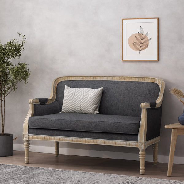 English Elm Loveseat French Country Style Turned Legs Padded Upholstery Compact Sitting Room Sofa 71063.00CHAR