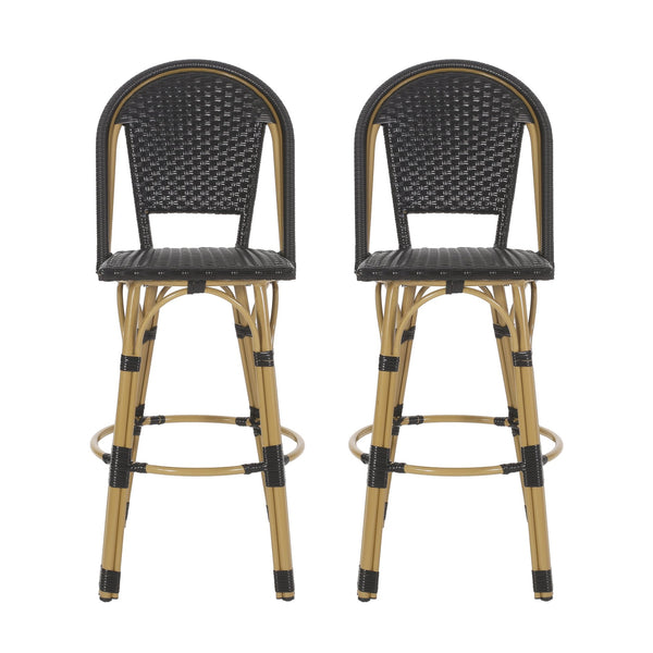 English Elm 29.5" Outdoor Pe Rattan Bistro Barstools Set of 2 Woven Teal French Cafe Style 72606.00BLK