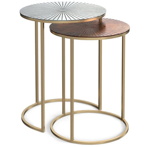English Elm Drake Handcrafted 2-Pc Nesting Tables in Antique Nickel & Copper Finish — Etched Tops, Solid Metal Elegance B136P158590