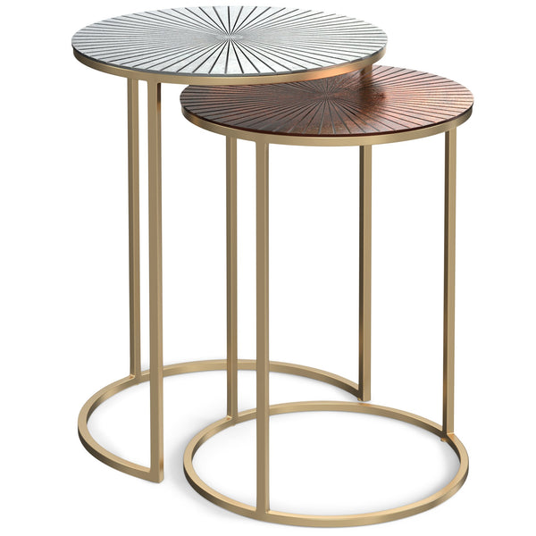English Elm Drake Handcrafted 2-Pc Nesting Tables in Antique Nickel & Copper Finish — Etched Tops, Solid Metal Elegance B136P158590