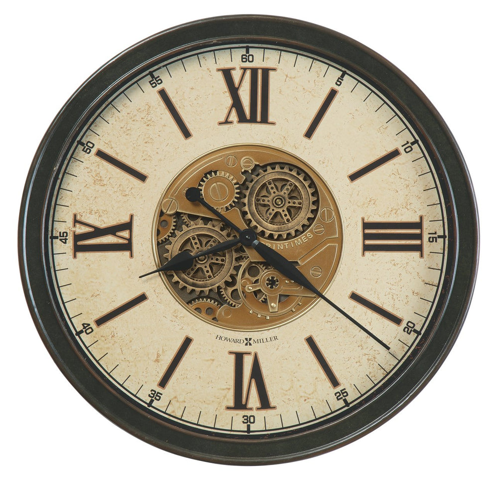 Hekman Furniture 625790 Antique Black Metal Wall Clock With Roman Numerals, Moving Gears, And Elegant Brass Accents  Hansel Wall Clock 625790