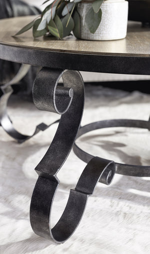 Bernhardt Bernhardt Criollo Round Cocktail Table With Hand-Distressed Wood Top & Scrollwork Steel Base, Rustic Elegance 302015