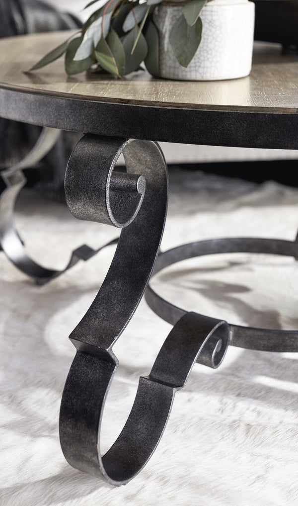 Bernhardt Bernhardt Criollo Round Cocktail Table With Hand-Distressed Wood Top & Scrollwork Steel Base, Rustic Elegance 302015