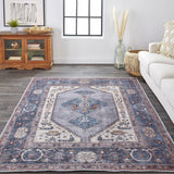 Feizy Rugs Percy Transitional Medallion Area Rug - Durable, Machine Washable, Stylishly Distressed Design For Any Space Blue,Brown,Ivory Polyester,Cotton,Viscose Prc39akfblugryf71