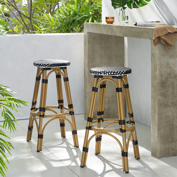 English Elm Outdoor Tropical Pe Rattan Backless Barstools Aluminum Frame Poolside Set of 2 72607.00BLK