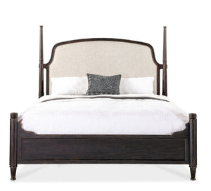 Hooker Furniture Americana King Upholstered Poster Bed With Creamy Headboard, Molasses Oak Finish, Carved Posts & Versatility 7050-90666-89