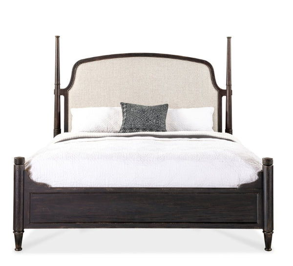 Hooker Furniture Americana King Upholstered Poster Bed With Creamy Headboard, Molasses Oak Finish, Carved Posts & Versatility 7050-90666-89