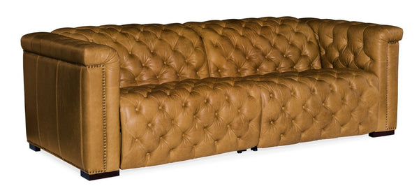 Hooker Furniture Savion Luxurious 2-Over-2 Power Reclining Sofa With Adjustable Headrests And Waxed Aniline Leather Finish Medium Brown SS434-1.5RL-P-PH-086