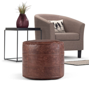English Elm Connor Round Pouf - Handcrafted Distressed Buffalo Leather Accent For Stylish Seating & Decor B136P159337