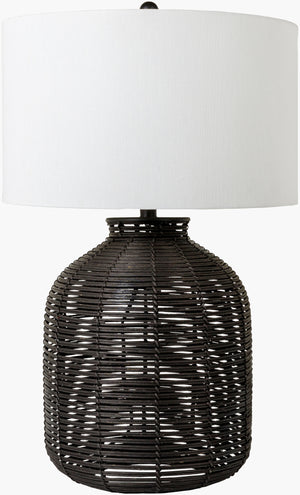 Surya Galatas Stylish 29" Tall Accent Table Lamp With Elegant White Linen Shade For Modern Home Decor Body, Black,Shade, White,Finial, Black,Harp, Metallic ,Nickel,Cord, Black Rattan,Linen,Polyester,Iron Gts-001