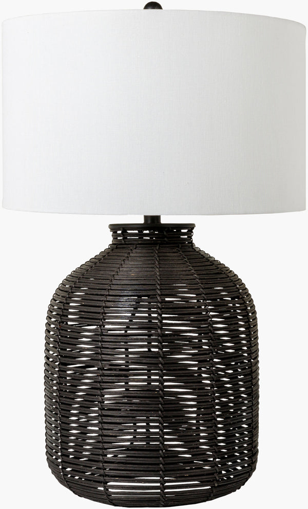 Surya Galatas Stylish 29" Tall Accent Table Lamp With Elegant White Linen Shade For Modern Home Decor Body, Black,Shade, White,Finial, Black,Harp, Metallic ,Nickel,Cord, Black Rattan,Linen,Polyester,Iron Gts-001
