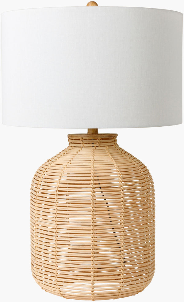 Surya Galatas Stylish 29" Tall Accent Table Lamp With Elegant White Linen Shade For Modern Home Decor Body, Beige,Shade, White,Finial, Beige,Harp, Metallic ,Nickel,Cord, Black Rattan,Linen,Polyester,Iron Gts-002