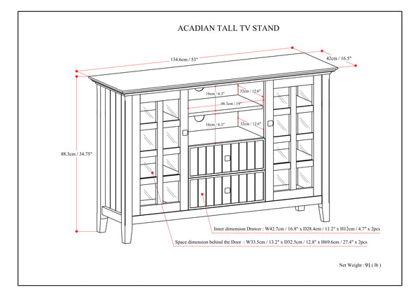 English Elm Acadian Tall TV Media Stand with Tempered Glass Doors, Solid Wood Crafted, Fits Up to 60" TVs White B136P158300