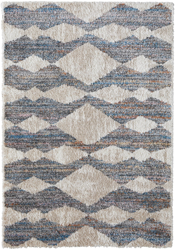 Feizy Rugs Mynka High-pile Geometric Area Rug - Pet-friendly, Stain Resistant, Stylish For High Traffic Spaces Tan,Ivory,Blue Polyester Myn39iffgrymltp00