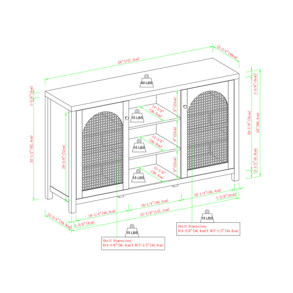 58" 4-Door Sideboard w/ Arched Rattan Panels Black SAHD5DBL2 Walker Edison