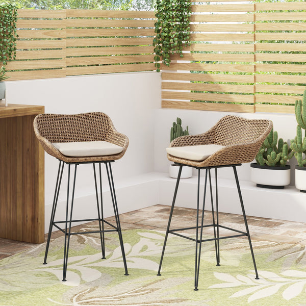 English Elm Pe Rattan Outdoor Bar Stools All Weather Woven Set with Cushioned Seats for Patio 71503.00LBRN-4