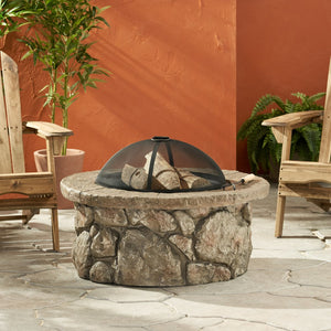 English Elm 34" Outdoor Concrete Wood Burning Fire Pit with Rustic Stone Finish for Patio Gatherings 60655.00
