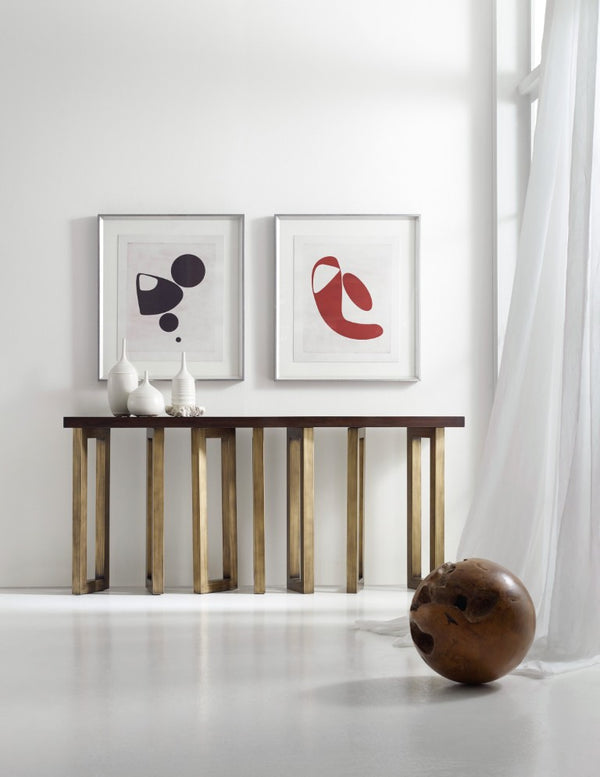 Hooker Furniture Melange Connelly Hall Console With Cathedral Black Walnut Top & Sculptural Earthy Gold Metal Base 638-85287-DKW
