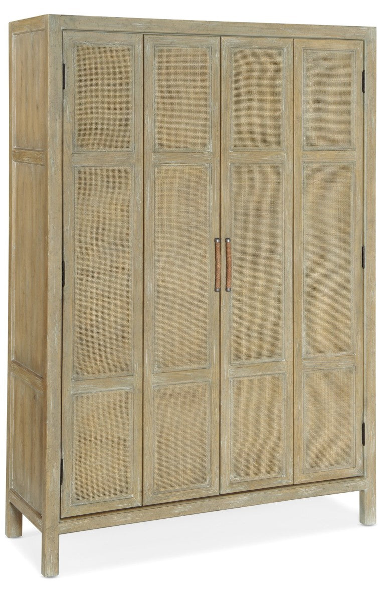 Hooker Furniture Surfrider Driftwood Bar Cabinet With Rattan Doors, Integrated Lighting, Wine Storage & Pull-Outs 6015-75160-80