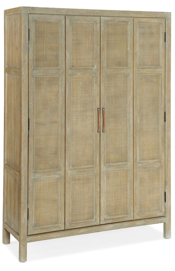 Hooker Furniture Surfrider Driftwood Bar Cabinet With Rattan Doors, Integrated Lighting, Wine Storage & Pull-Outs 6015-75160-80