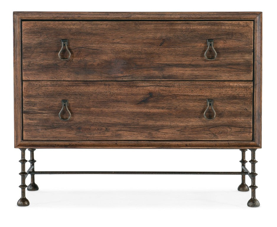 Hooker Furniture Big Sky Bachelors Chest With Pecky Hickory Veneer, Felt & Cedar Drawers, Turned Metal Legs, Power Dark Brown 6700-90017-85