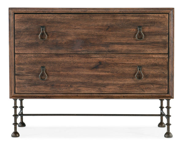 Hooker Furniture Big Sky Bachelors Chest With Pecky Hickory Veneer, Felt & Cedar Drawers, Turned Metal Legs, Power Dark Brown 6700-90017-85