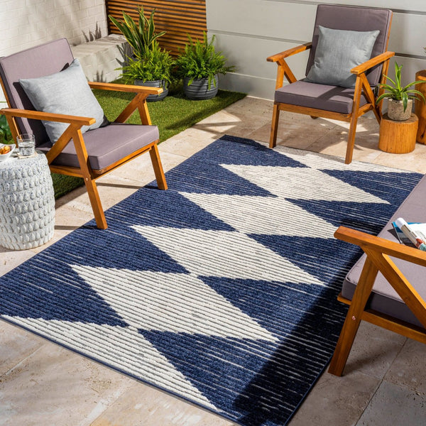 Livabliss Greenwich Bohemian Global Polypropylene Area Rug Low Pile Indoor Outdoor Living Room Ink Blue, White 5'1" x 7'3" GWC2324-5373