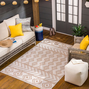 Livabliss Greenwich Bohemian Global Polypropylene Area Rug Woven in Turkey for Indoor Outdoor Living White, Tan 5'1" x 7'3" GWC2327-5373