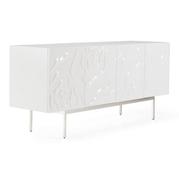 VIG Furniture Gwen High-Gloss White Buffet With Rose Petal Front, Soft-Close Doors & Stainless Legs For Glam Spaces VGVCG2007-BUF-WHT