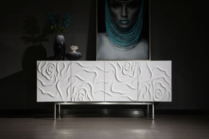 VIG Furniture Gwen High-Gloss White Buffet With Rose Petal Front, Soft-Close Doors & Stainless Legs For Glam Spaces VGVCG2007-BUF-WHT