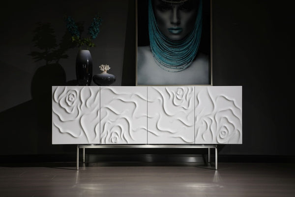 VIG Furniture Gwen High-Gloss White Buffet With Rose Petal Front, Soft-Close Doors & Stainless Legs For Glam Spaces VGVCG2007-BUF-WHT