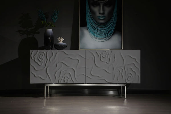 VIG Furniture Gwen Luxe Grey High-Gloss Buffet With Sculptural Rose Petal Front, Soft-Close Doors & Stainless Legs VGVCG2007-GS-GRY-BUF