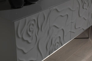 VIG Furniture Gwen Luxe Grey High-Gloss Buffet With Sculptural Rose Petal Front, Soft-Close Doors & Stainless Legs VGVCG2007-GS-GRY-BUF