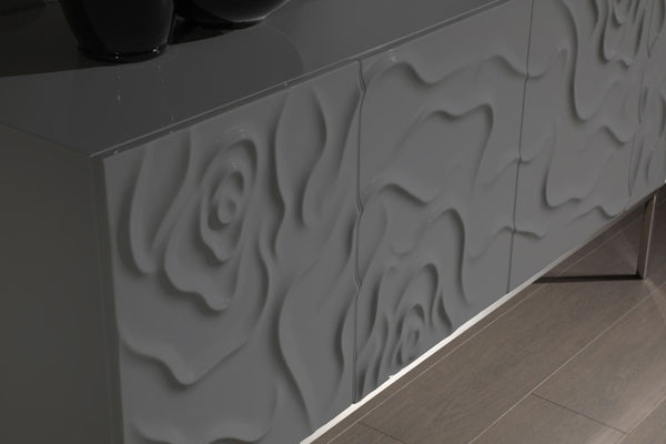 VIG Furniture Gwen Luxe Grey High-Gloss Buffet With Sculptural Rose Petal Front, Soft-Close Doors & Stainless Legs VGVCG2007-GS-GRY-BUF