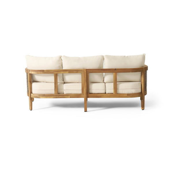 English Elm Christopher Knight Home® - 76.5'' Acacia Wood Round Wicker 3-Seater Outdoor Sofa with Teak Finish, Water-Resistant Beige Cushions 74133.00
