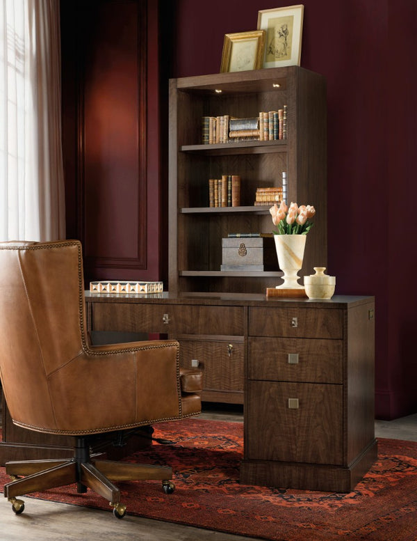 Hooker Furniture Archives Executive Desk In Classic Walnut With Satin Brass, 7-Drawer Storage, Cable Management Elegance 6123-10462-89