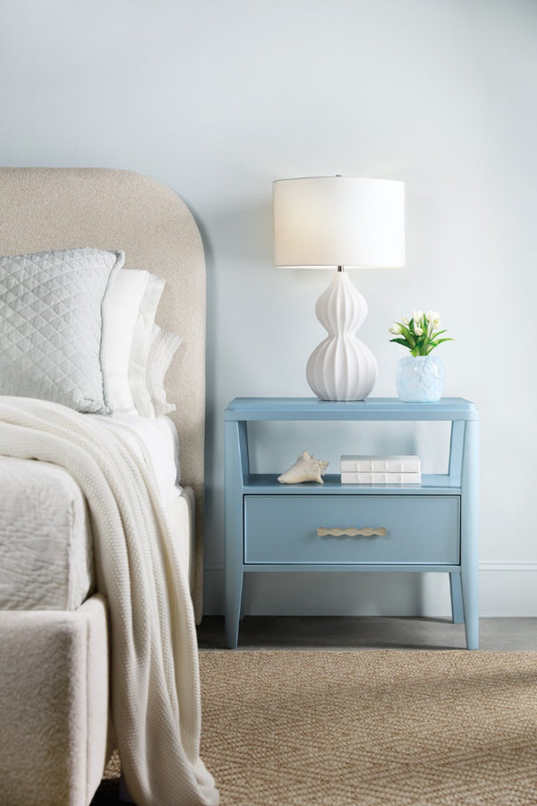 Hooker Furniture Commerce Coastal Blue One-Drawer Nightstand With Self-Closing Drawer, Open Shelf & Pewter Hardware, Tapered Legs For Stylish Storage 7228-90011-45