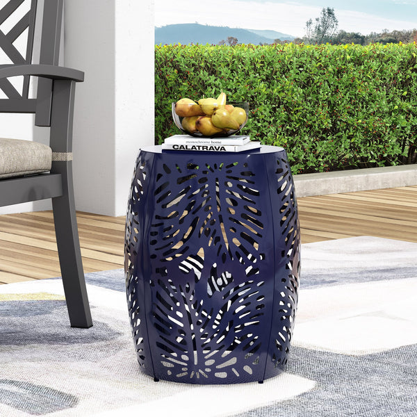 English Elm Metal Cylindrical Accent Table Powder Coated Iron with Tropical Palm Leaf Lattice Design Navy Blue 73613.00NBLU